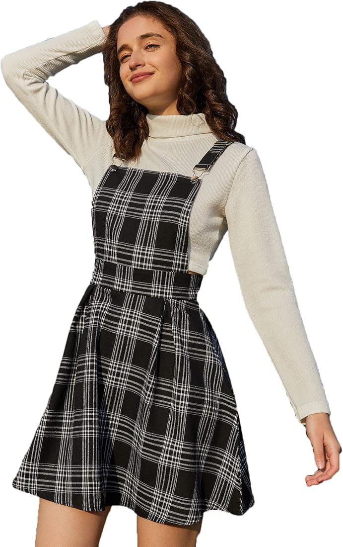 Romwe Women's Plaid A Line Strap Pleated Mini Overall Pinafore Dress | Amazon (US)