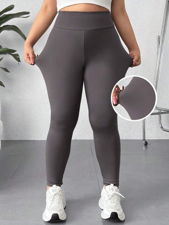 SHEIN EZwear Plus Size Solid Color Wide Waistband Leggings | SHEIN