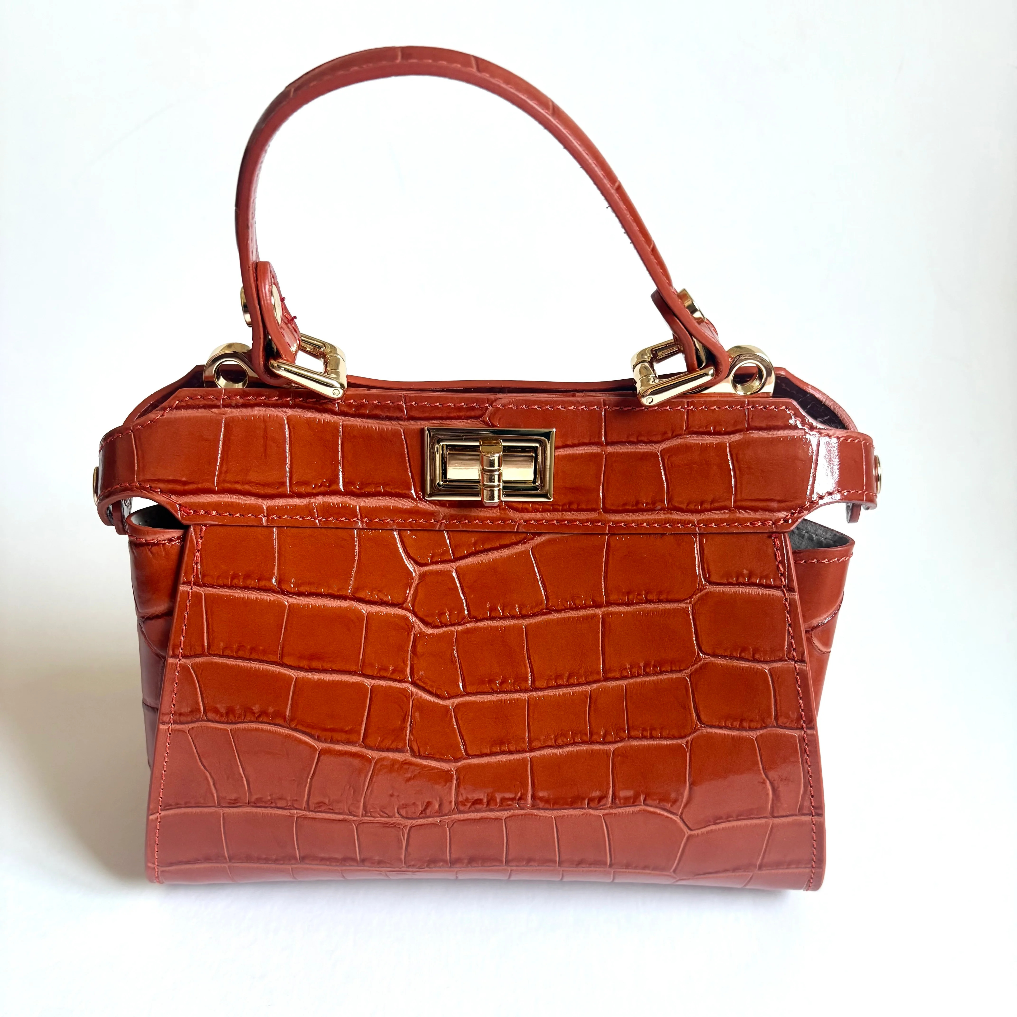 Burnt Orange Croc Embossed Leather Flip Lock Bag | Colores Collective