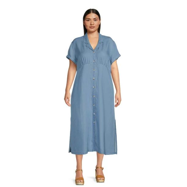 Terra & Sky Women's Plus Size Roll Cuff Maxi Shirt Dress | Walmart (US)
