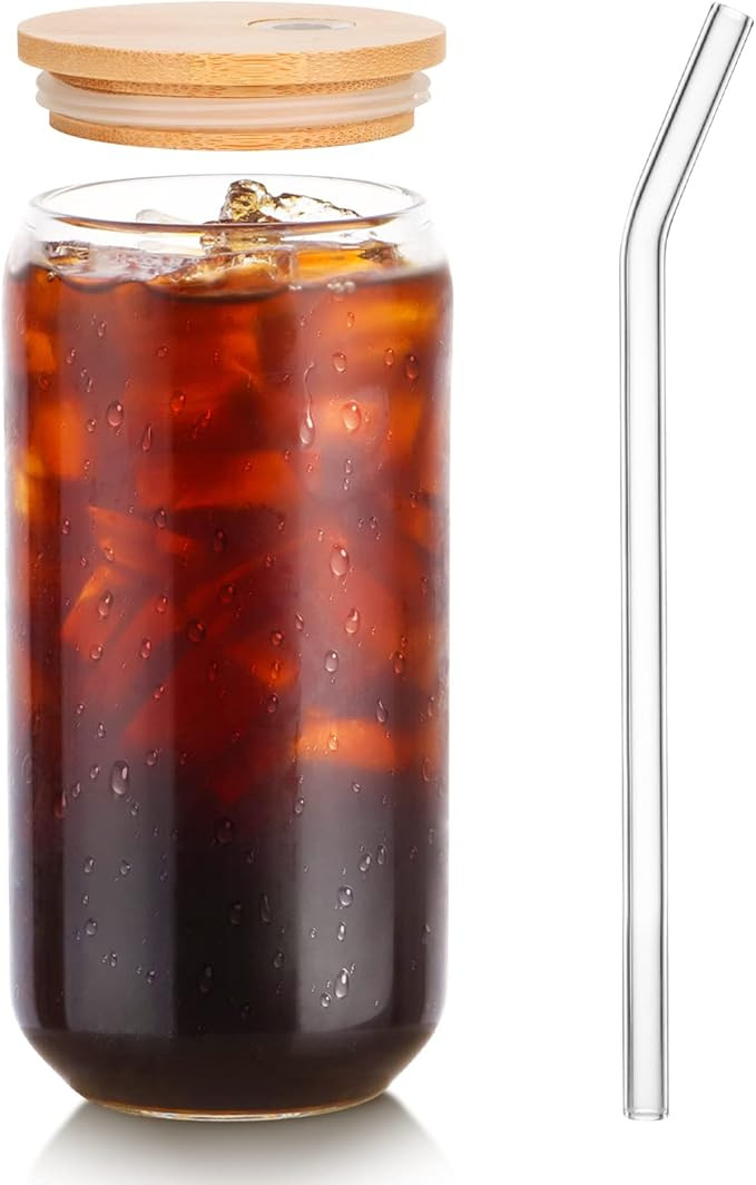 Kxuhivc 1 Pack Glass Cup, 16oz Drinking Glass with Bamboo Lid and Straw, Beer Glass Tumbler for M... | Amazon (US)