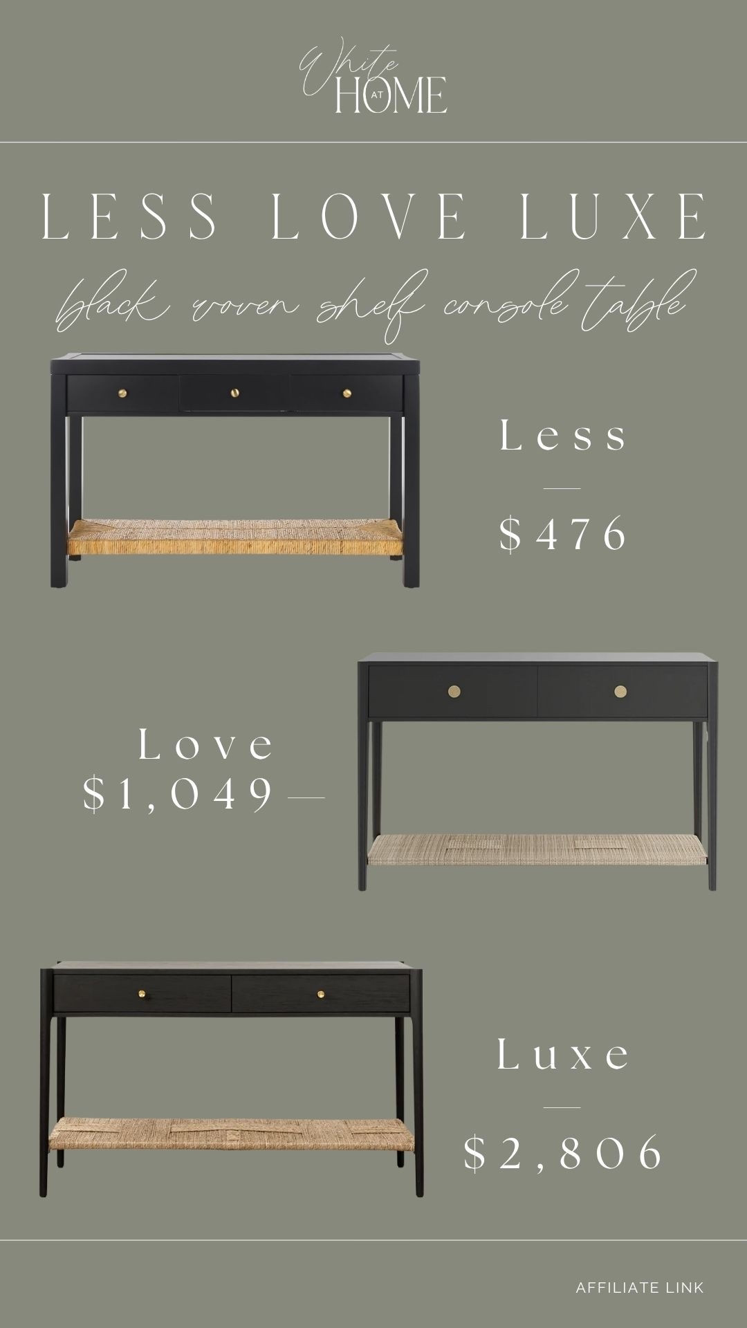 Less, love, or luxe! Three gorgeous console tables with similar black finish and woven shelf features. I love that you can achieve an elevated look at any price point!

#LTKHome