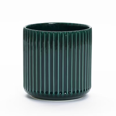 LuxenHome 13.8" Dia Ceramic Plant Pot Large Outdoor Indoor Decorative Planter with Drainage Hole and Plug Modern Jade Green Ribbed Planter | Target