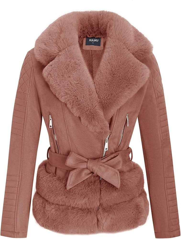 XULIKU Women's Faux Fur Collar Suede Leather Jacket with Detachable Belt Short Zip Up Warm Coat For  | Amazon (US)