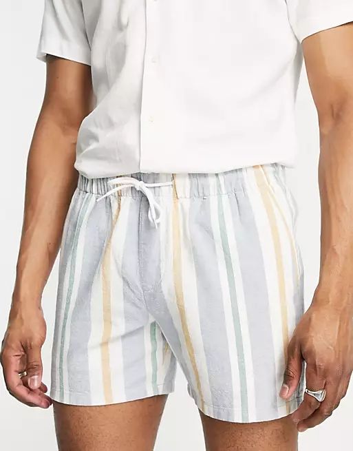 ASOS DESIGN slim shorts in linen mix natural look stripe | ASOS (Global)