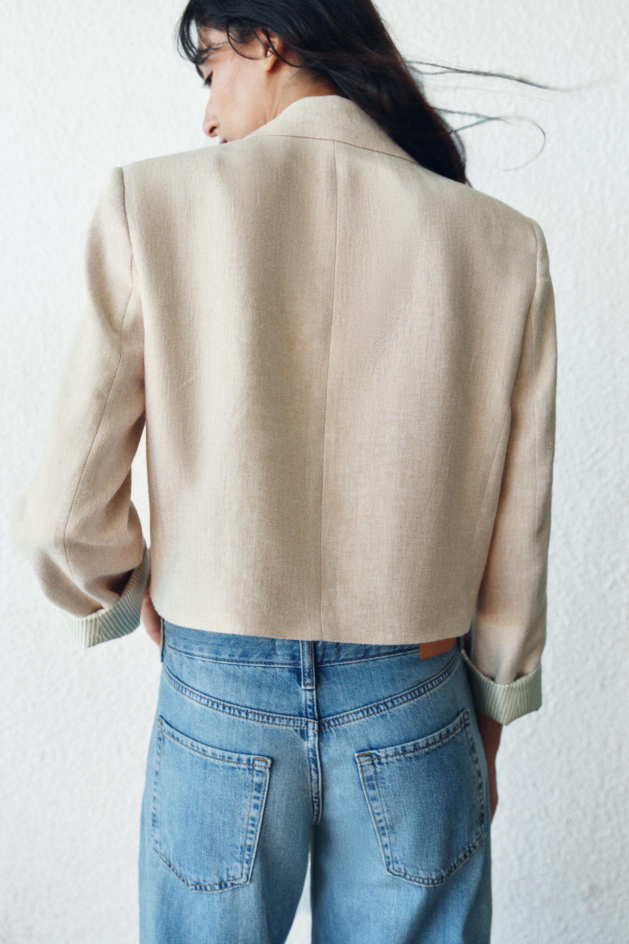 LINEN CROPPED BLAZER WITH SHOULDER PADS | Zara US