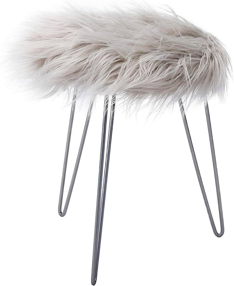 BIRDROCK HOME Round Faux Fur Foot Stool Ottoman - Soft Compact Padded Vanity Seat with Silver Leg... | Amazon (US)