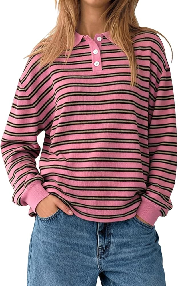 Oversized Striped Sweater for Women Collared Long Sleeve Preppy Polo Sweater Vintage Aesthetic Kn... | Amazon (US)