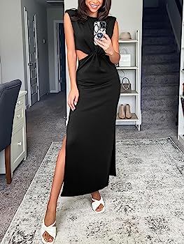 Amazon.com: Prinbara Womens Summer Cutout Maxi Dress Crewneck Paded Shoulder Split Long Club Body... | Amazon (US)