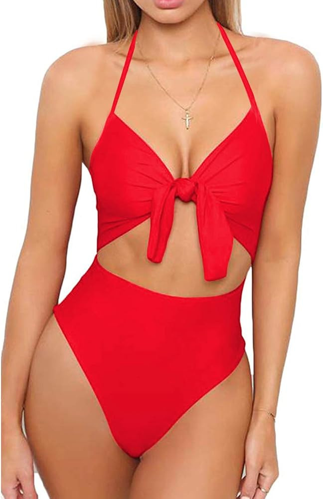 Women One Piece Swimsuit High Waisted Bathing Suits Front Tie Cutout High Cut Swimwear Bikini | Amazon (US)