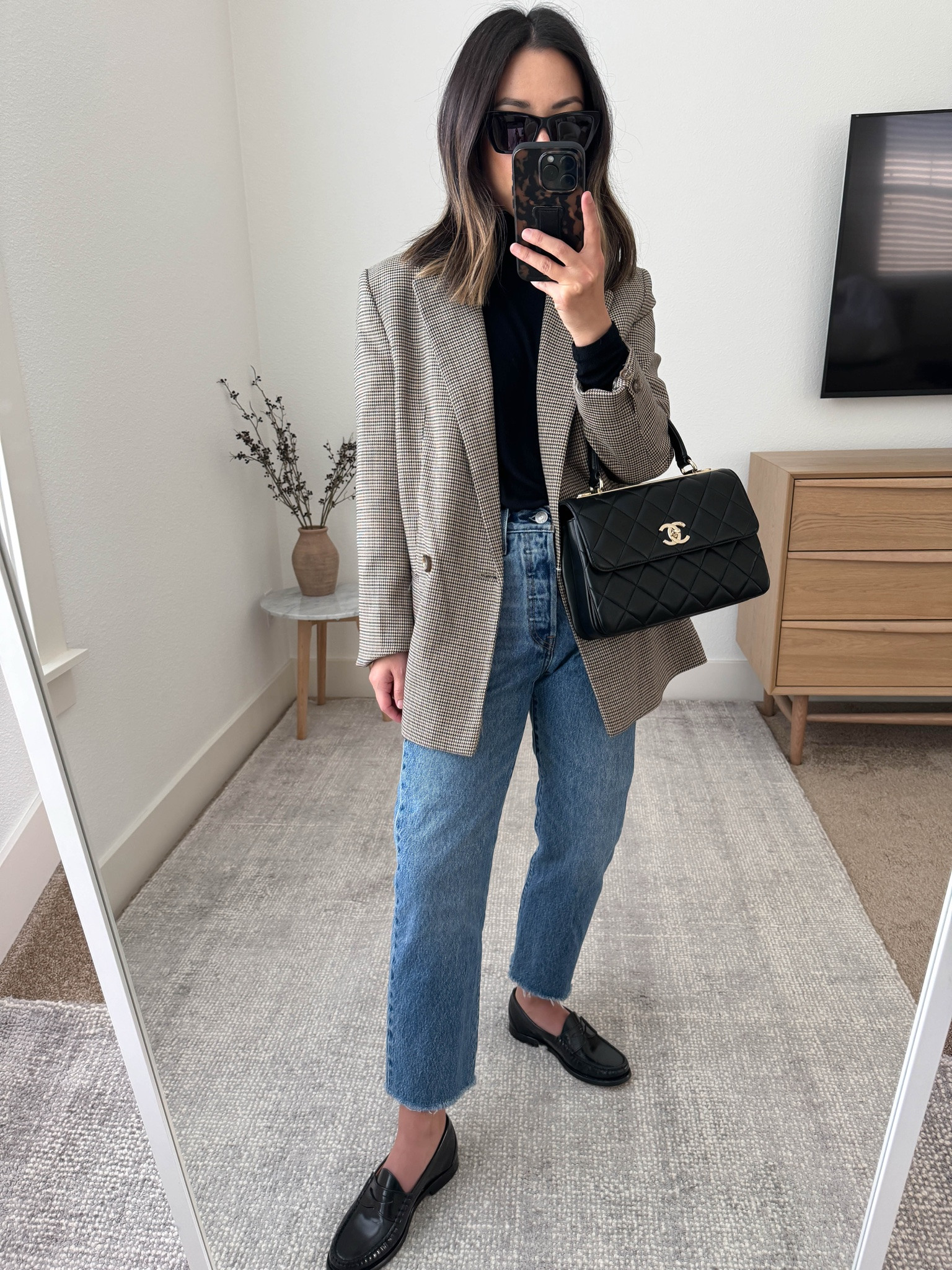 Fall workwear outfit idea with denim. 

Majestic Filatures turtleneck 1
Mango check blazer small old
Levis 501 crop jeans 25 - cut hems
JCrew loafers 5 old
Chanel Trendy cc small
YSL sunglasses