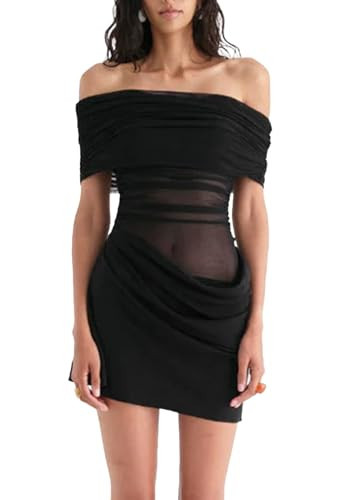 Unybwonn Black Mini Dress Corset Off The Shoulder Wedding Guest Formal Dress Wrap Summer Beach Mesh Dresses | Amazon (US)