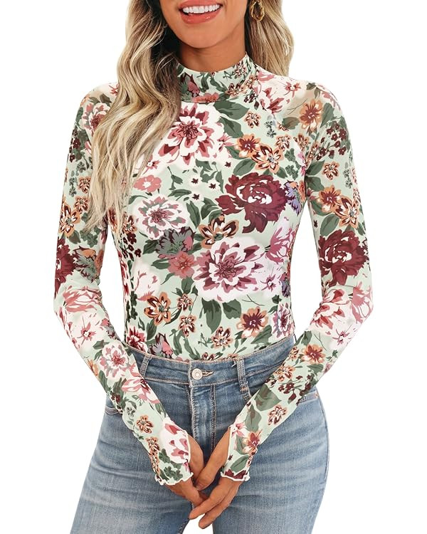 Dealmore Womens Lace Sheer Floral Mesh Tops | Going Out Slim Fitted Lightweight Tops,Fashion Fall... | Amazon (US)