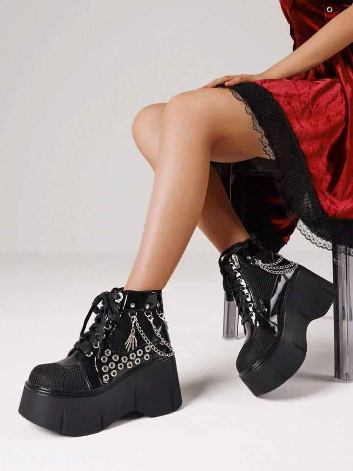Women's Punk Goth Platform Ankle Boots Fashion Chain Round Hole Wedges High Heels Thick Bottom Co... | SHEIN