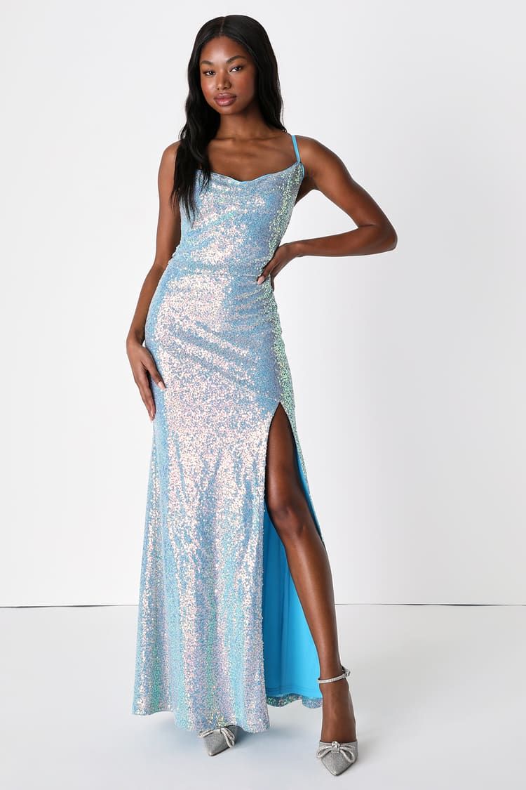 Shiny Allure Light Blue Iridescent Sequin Cowl Neck Maxi Dress | Lulus (US)