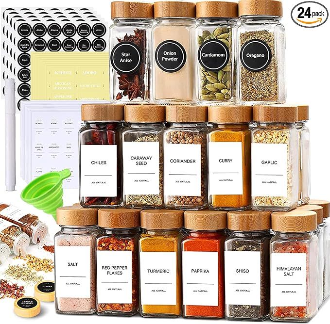 Set of 24 Glass Spice Jars with Various Labels, Bamboo Shaker Lids & Funnel, Kitchen Storage Jars... | Amazon (US)