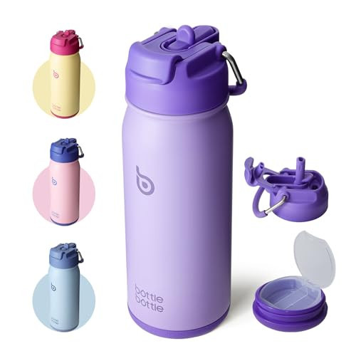 BOTTLE BOTTLE 16 oz sports water bottle stainless steel insulated kids water bottle with straw and pills holder for gifts and school (purple) | Amazon (US)
