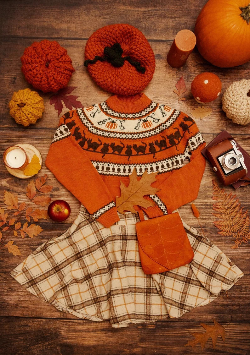Pumpkins Cats Handmade Sweater Jumper. Acrylic Vegan Wool, Fall Halloween Christmas Autumn Witch ... | Etsy (US)