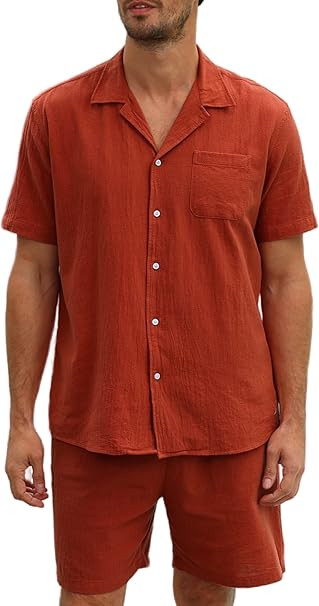 TURETRENDY Men's 2 Pieces Cotton Linen Set Casual Long Sleeve Henley Shirts and Shorts Summer Bea... | Amazon (US)