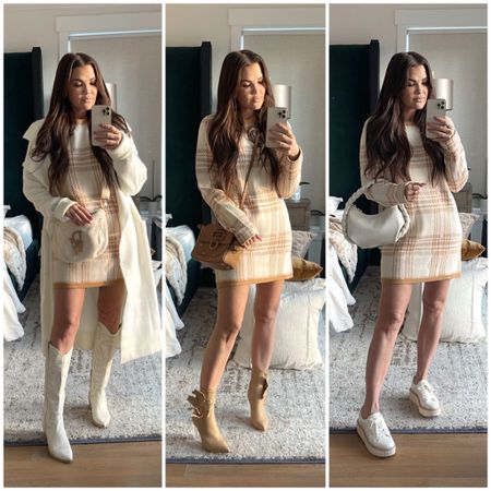 Three ways to wear the Show Me Your Mumu Avenue Sweater Dress
-
Style 1: 
 Cardigan: Show Me Your Mumu Melrose  
                    Sweater Jacket  
 Shoes: Dolce Vita Solei Boots
 Bag: FedorAmor (can’t link but check my 
           IG bio for link!) 

Style 2: 
 Shoes: Cecelia New York Bloom Boot
 Bag: Radley London

Style 3: 
 Shoes: Dolce Vita Tiger Sneakers 
 Bag: Dolce Vita Pippa 



#LTKitbag #LTKstyletip #LTKshoecrush