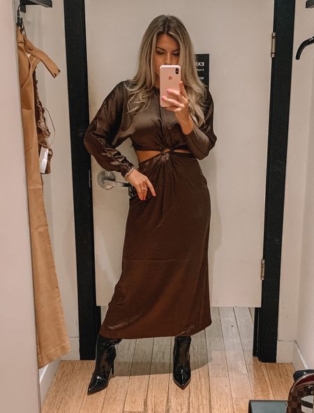Fall maxi dress with cutouts, satin brown dress, elegant modest wedding guest dress, sexy cutouts, knee high black leather boots, stiletto boots, fall winter outfit 

#LTKunder100 #LTKwedding #LTKSeasonal