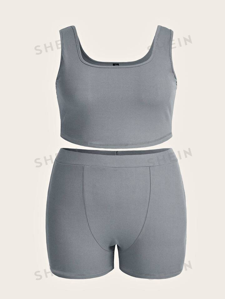 SHEIN EZwear Plus Solid Tank Top & Biker Shorts | SHEIN