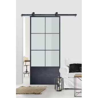 RELIABILT 37-in x 84-in Black Powder Coat Frosted Glass Prefinished Steel Single Barn Door (Hardw... | Lowe's