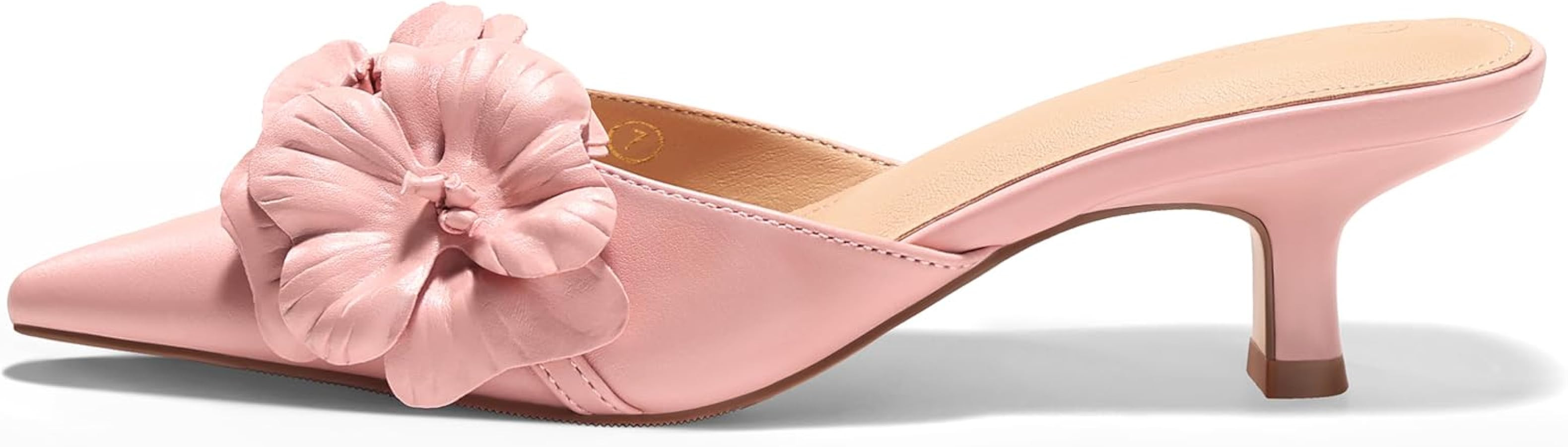 Coutgo Womens Mules Kitten Heels Closed Pointed Toe Pumps Flower Slip On Party Dress Shoes | Amazon (US)