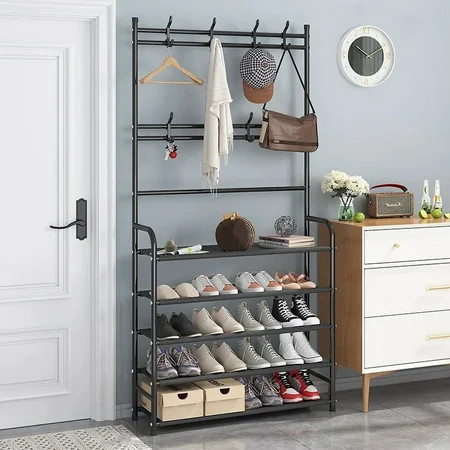 Coat Rack, Coat Rack Stand with 8 Removable Hooks and 5 Storage Shelves, Modern Industrial Style Coat Tree for Entryway Hallway 23.6x9.8x67.3" Hall Tree Shoe Rack | Walmart (US)