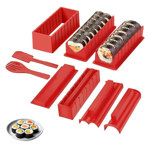 XPAPOV Sushi Maker, 10 Piece Sushi DIY Mold Set - Easy Sushi Making Kit, Help to Make Round Shaped Sushi (Red) | Amazon (US)