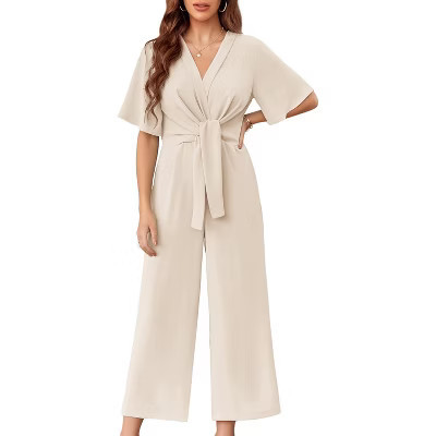 Imily Bela Effortless Summer Style Womens Tie Front Wide Leg Jumpsuit with Flowy Comfort Beige L | Target