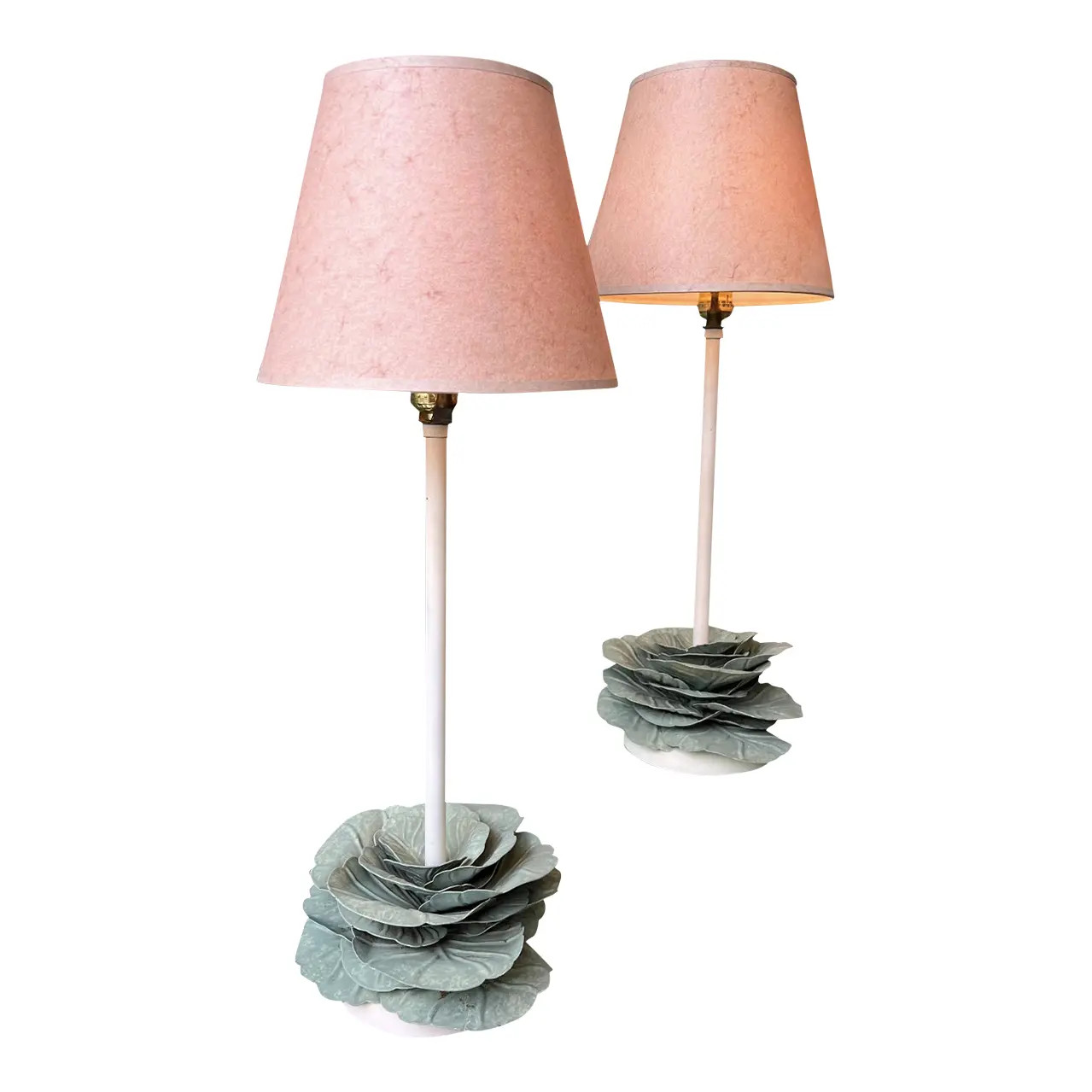 Pair of Vintage 1960s Metal Cabbage Lamps With Blush Shades | Chairish
