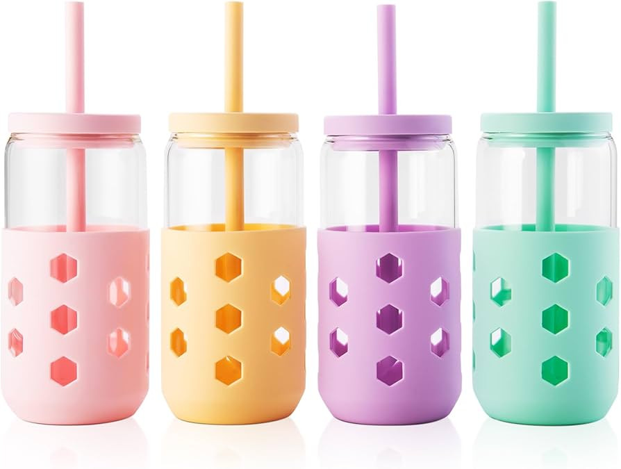Mrsdry Glass Cups with Lids and Straws (4 Pcs), 16oz Drinking Glasses Set with Silicone Sleeves f... | Amazon (US)