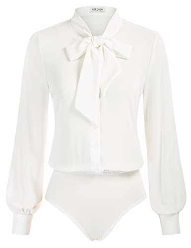 Kate Kasin White Button Down Collared Shirt Women Long Sleeve Bodysuit Bow Tie Blouse Dressy Casual Fall Tops 2025 XL | Amazon (US)