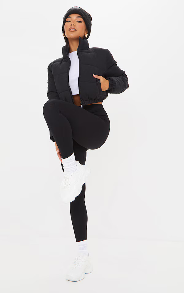 Black Peach Skin Cropped Bubble Puffer Jacket | PrettyLittleThing US