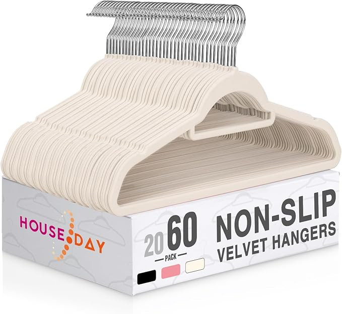 HOUSE DAY Velvet Hangers with Tie Bar 60 Pack Ivory, Clothes Hangers Non-Slip, Space Saving Felt ... | Amazon (US)