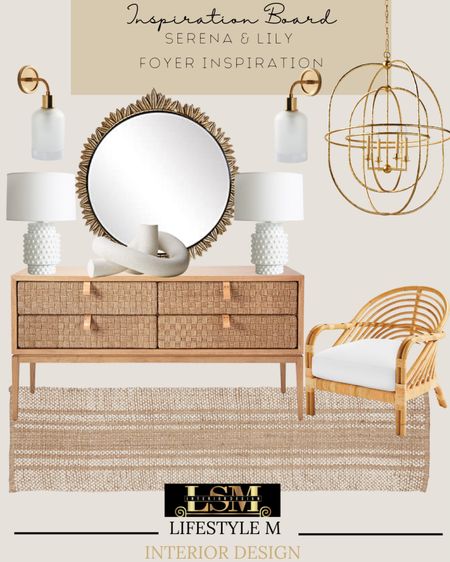 Need foyer inspiration? Try out this look inspired by Serena & Lily’s collection. Console tables, accent chairs, runner, round mirror, white table lamp, table decor, brass pendant light, wall sconce lights.

#LTKstyletip #LTKhome #LTKSeasonal