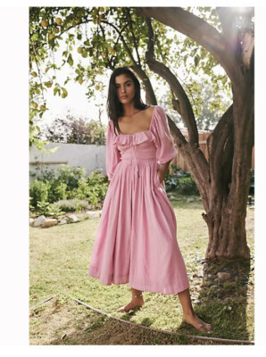 Rare Free People Oasis Shirred Smocked Square Neck Cute Summer Midi Dress XS | eBay US