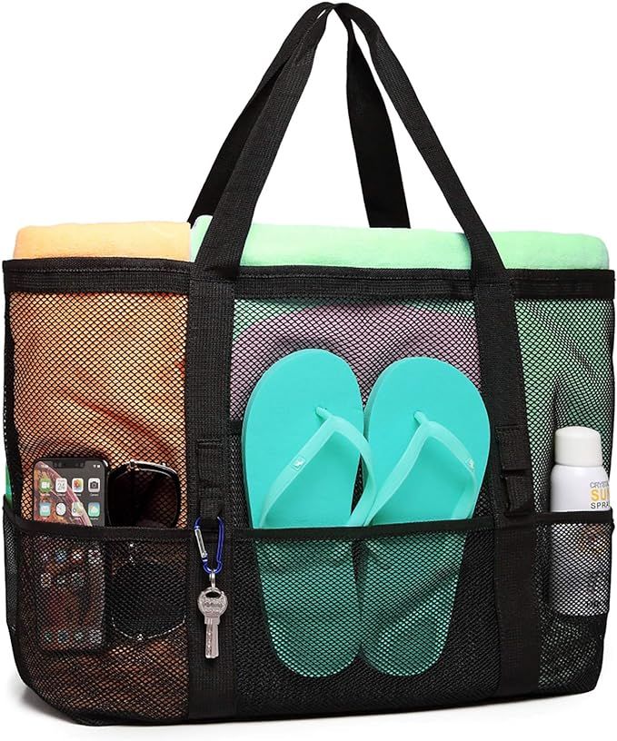Beach Bag, F-color Mesh Beach Bag Oversized Beach Tote 9 Pockets Beach Toy Bag | Amazon (US)