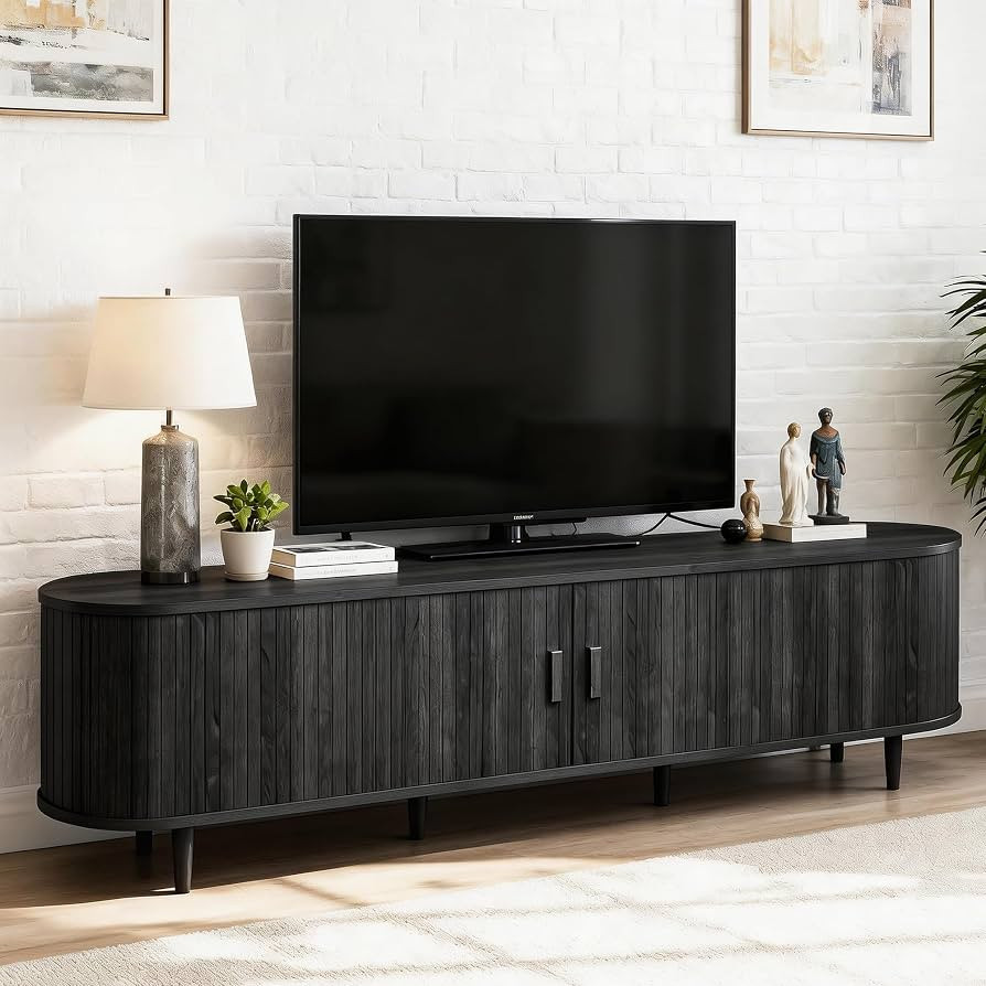 70" Mid Century Modern TV Stand, Wood TV Consoles with Sliding Doors and Power Outlet, Fluted Ent... | Amazon (US)