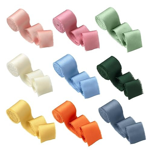 Mlurcu Chiffon Ribbon Silk Satin Ribbon 1 1/2 Inch x 3 Yd Handmade Fringe Chiffon Frayed Edges Ribbons Set 9 Rolls Fabric Ribbon for Wedding Invitations, Flower Bouquet, Gift Wrapping, Bows, Crafts | Amazon (US)
