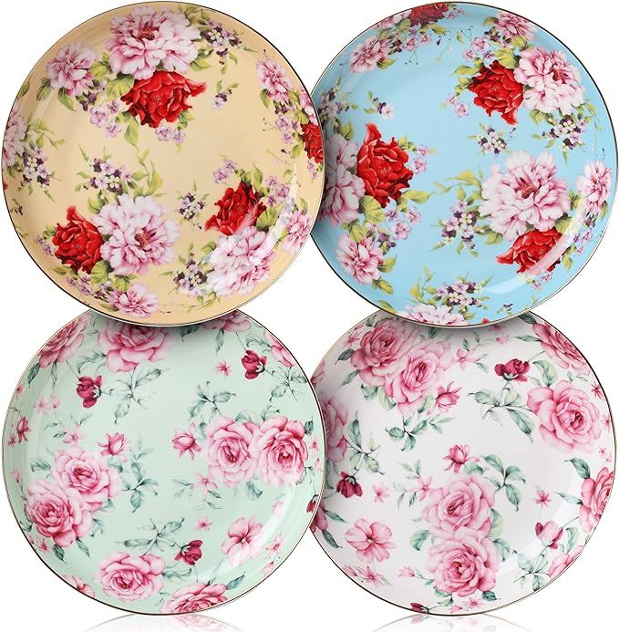 BTaT- Dessert Plates, Deep Plates, 8 inch, Set of 4, Porcelain Bone China, Appetizer Plates, Flor... | Amazon (US)