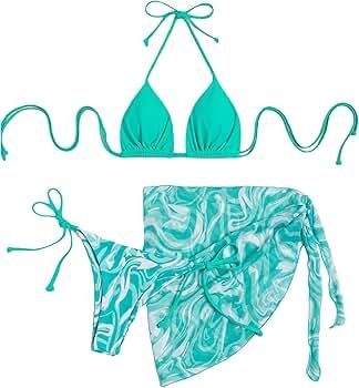 MakeMeChic Women's 3 Piece Halter Bikini Sets Swimsuit Bathing Suit Cover Up Skirt | Amazon (US)