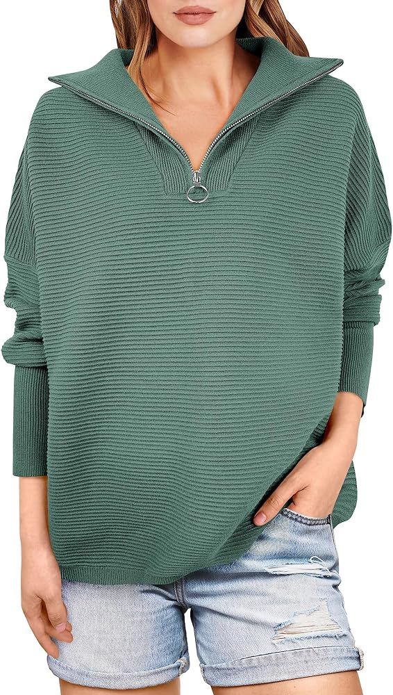 ANRABESS Women's Sweaters Quarter Zip Oversized Pullover Casual V Neck Collared Ribbed Knit Tunic... | Amazon (US)