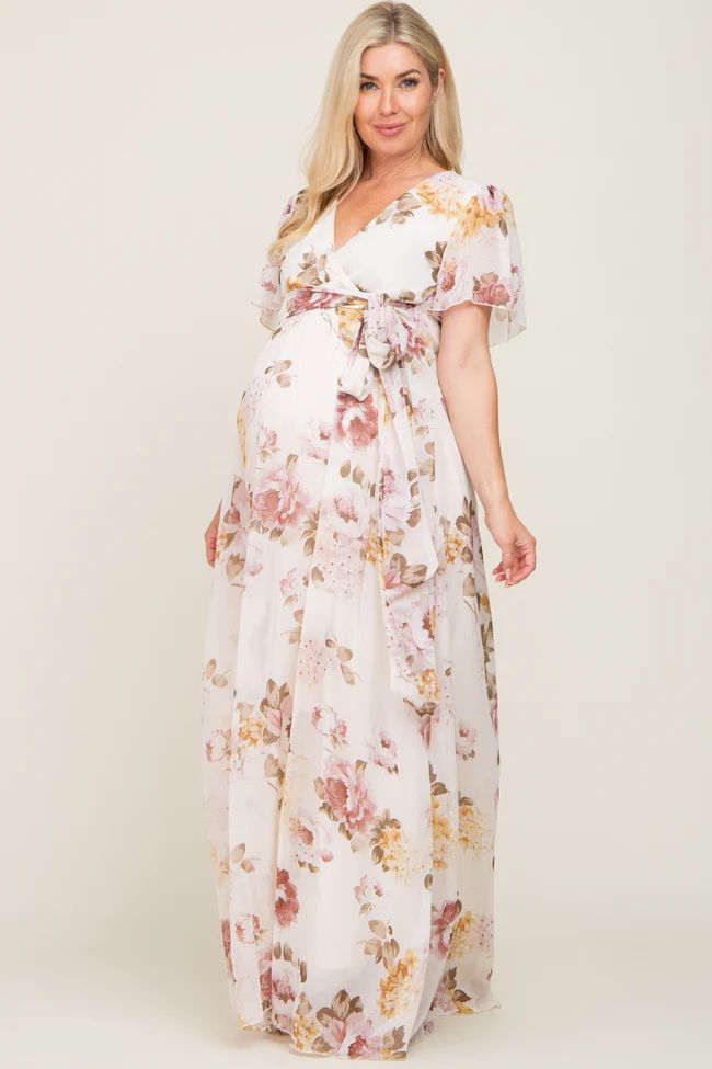 Cream Floral Chiffon Wrap Short Sleeve Maternity Maxi Dress | PinkBlush Maternity