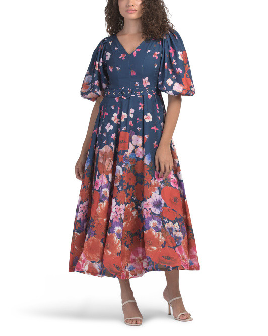 Puff Sleeve Cascading Floral Maxi Dress With Belt | TJ Maxx