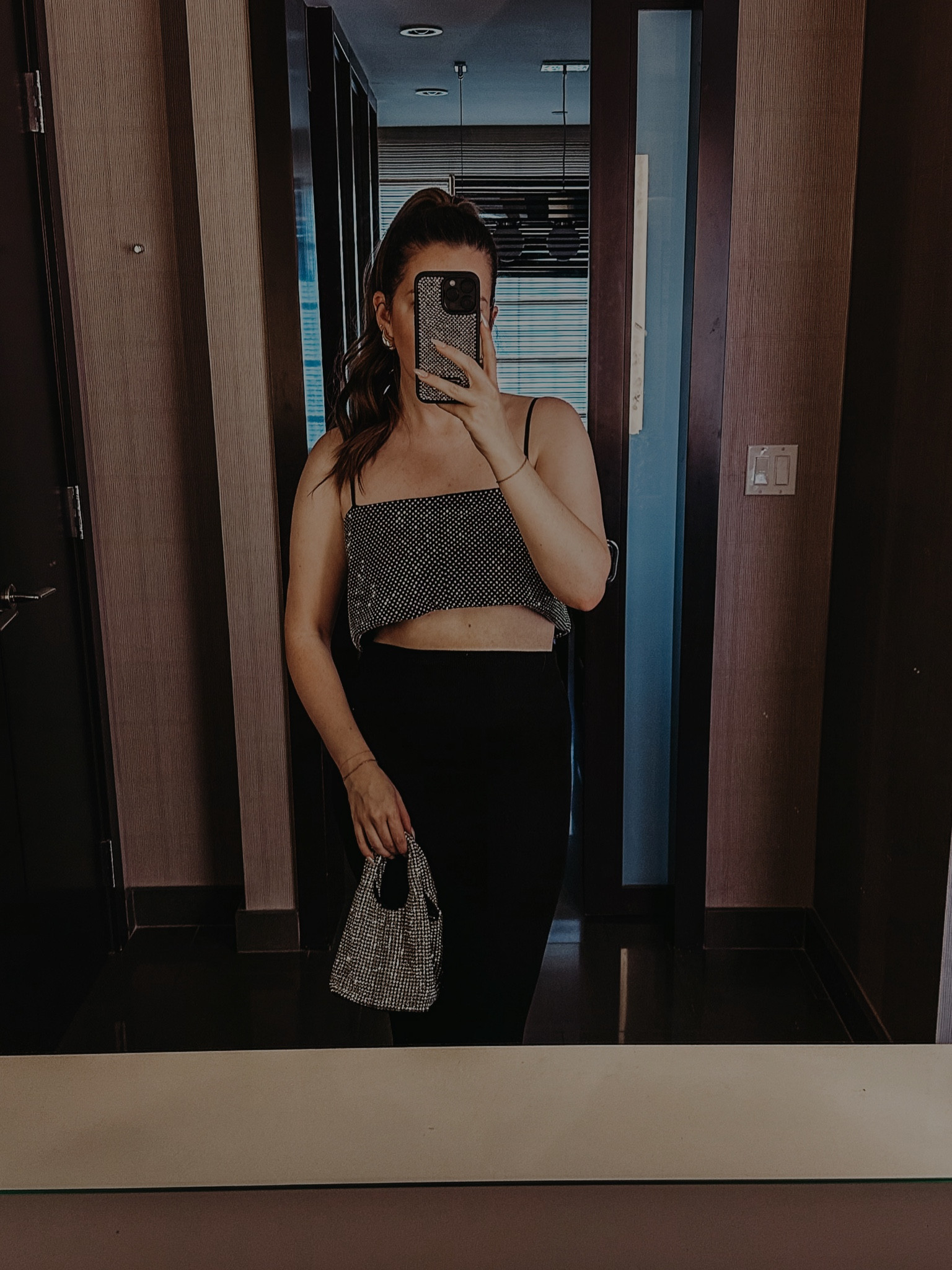 SLA the label rhinestone top, revolve black ribbed midi skirt, Anthropologie rhinestone handbag 

#LTKtravel #LTKSeasonal #LTKFind