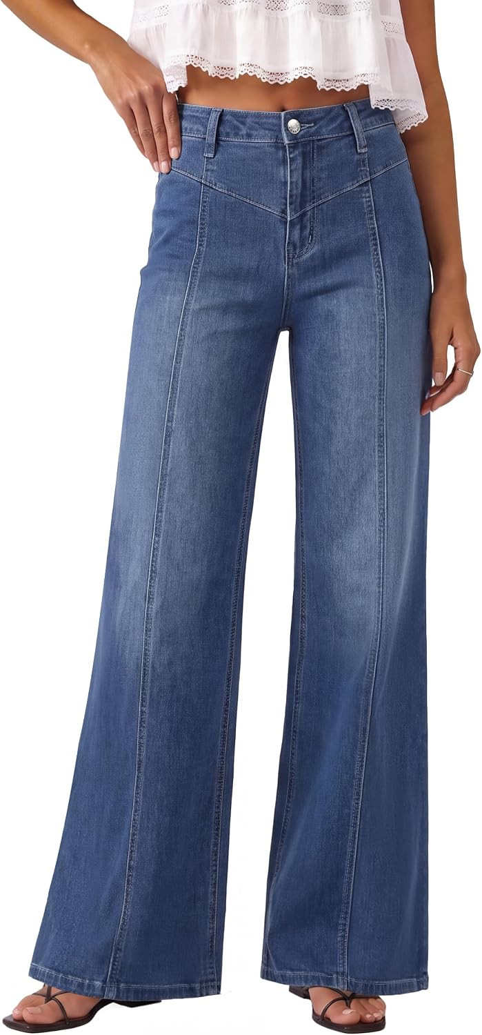 ZESICA Womens Wide Leg High Waisted Stretchy Jeans with Pockets | Amazon (US)