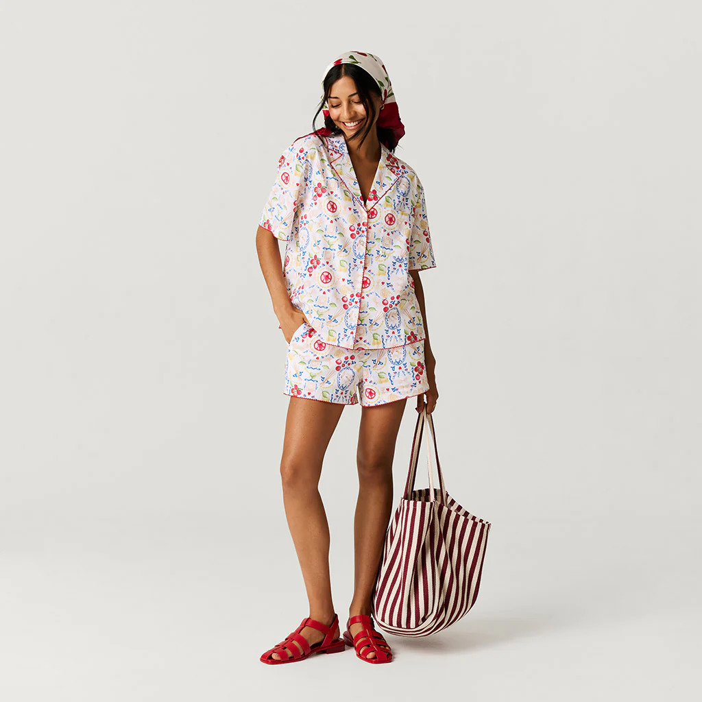 Pasta Red Short Sleeve Mangia Women's Challis Short Set | Posh Peanut® | Posh Peanut