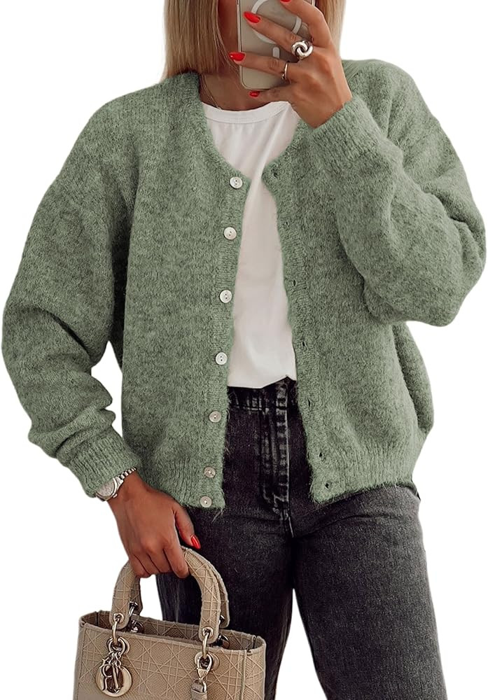 Women's Long Sleeve Front Button Y2k Cardigan Sweaters Crew Neck Loose 2025 Fall Tops | Amazon (US)